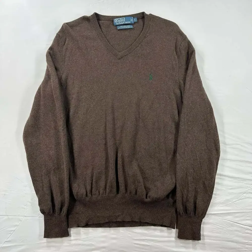 Vintage 90s Polo Ralph Lauren Merino Wool V-Neck Pullover Sweater Large Brown